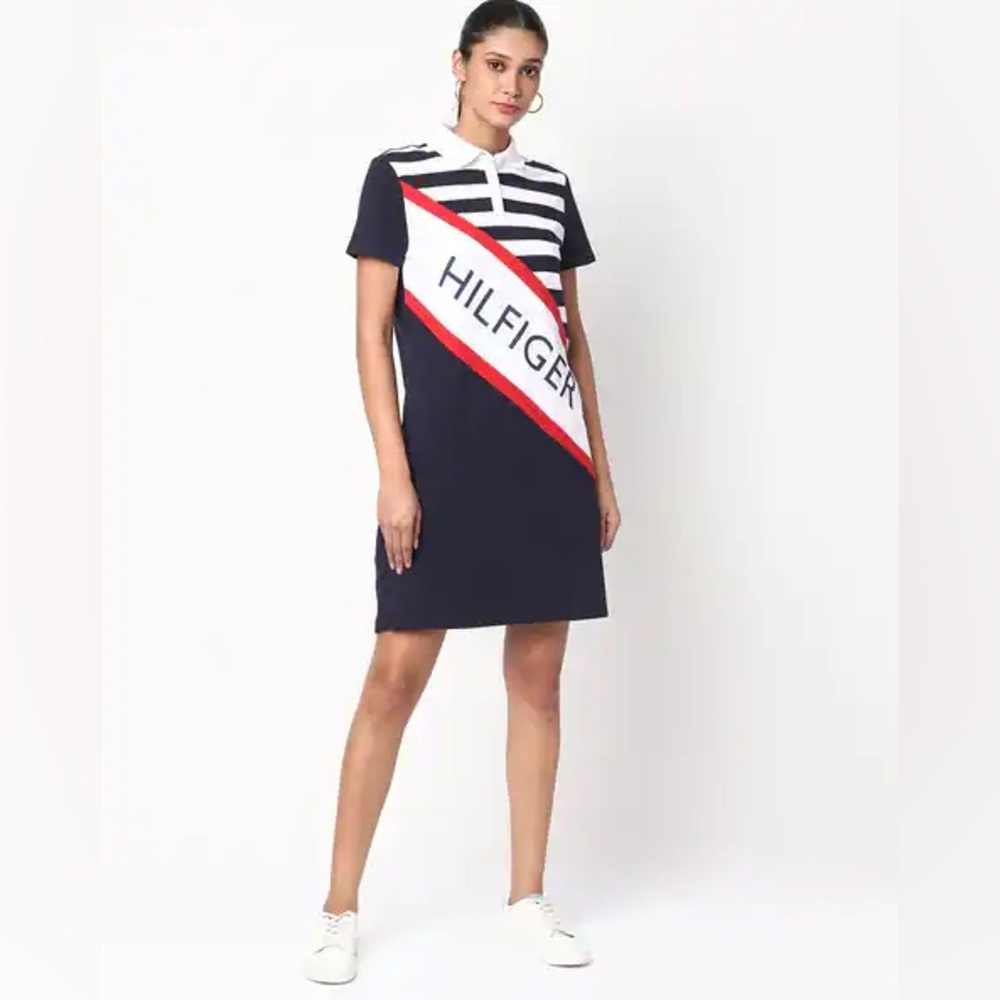 Tommy Hilfiger Logo Print T-Shirt Navy and White Striped Mini Dress